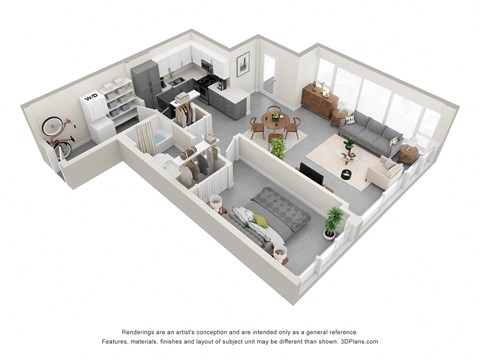 Floor plan for 1 bed, 1 bath, 704 sqft